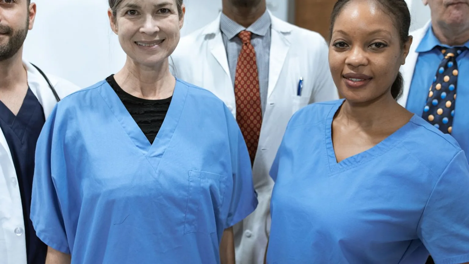 Équipe soignante souriante réunie dans un couloir de structure de santé